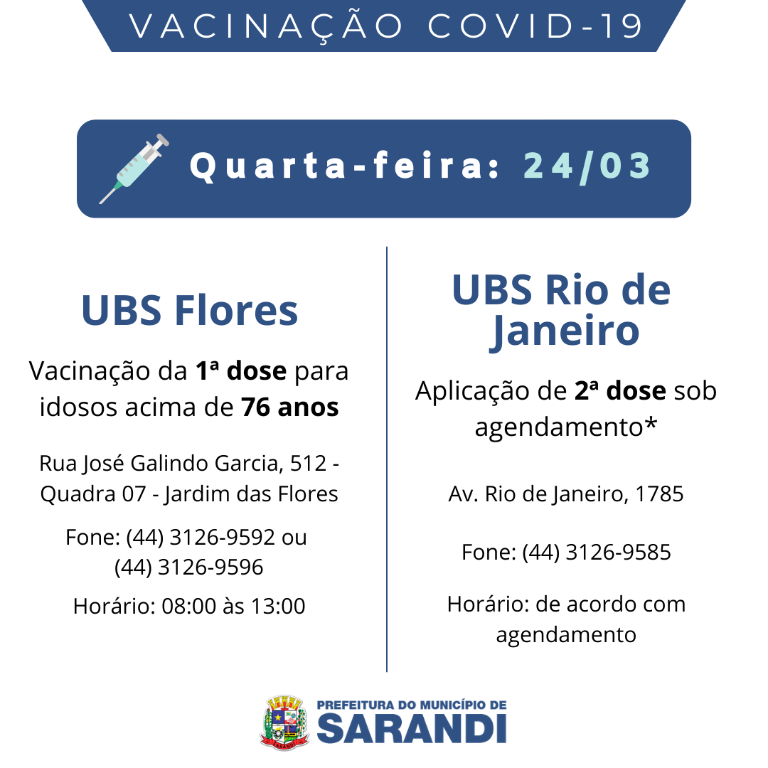 Cronograma de Vacinação contra Covid-19 - 24/03/2021